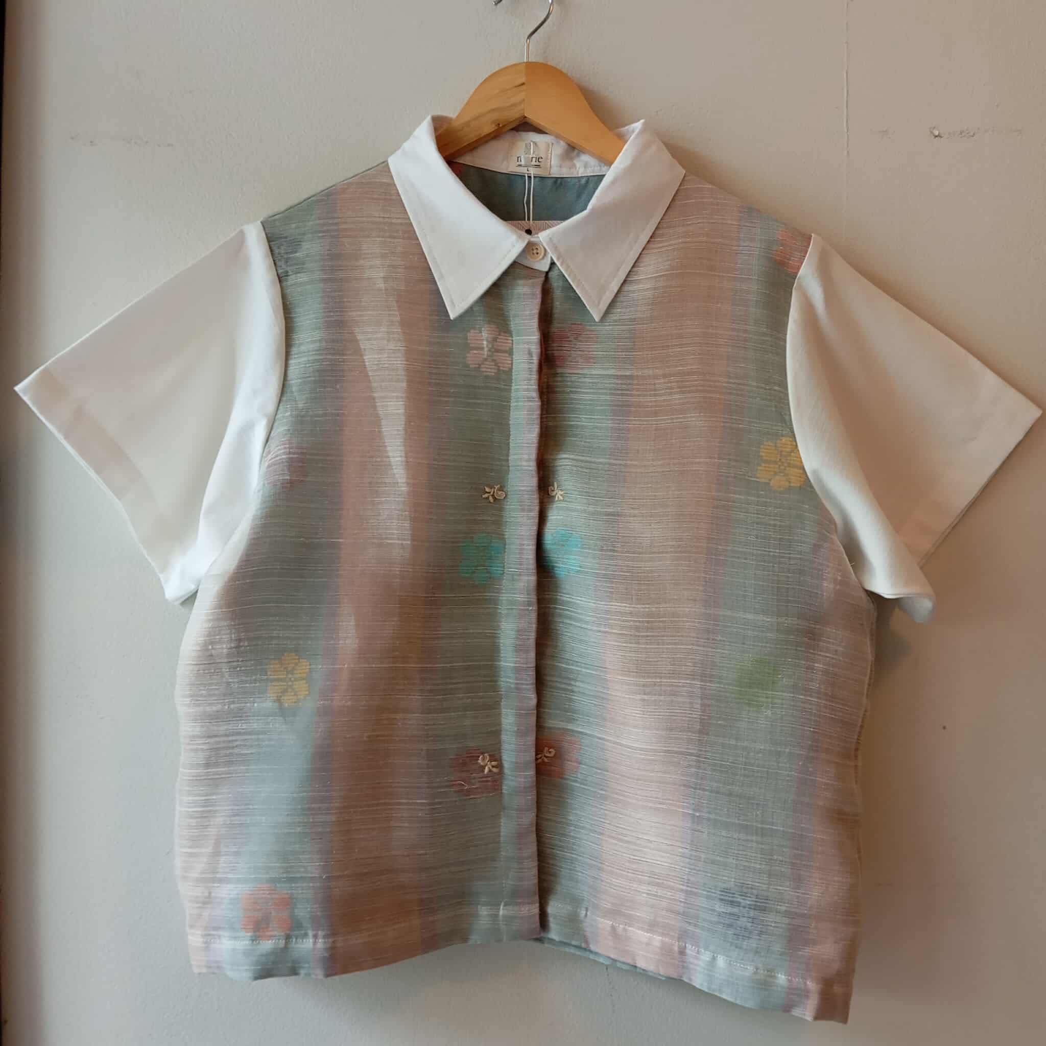 MATAHUM : MARIKIT IN PIÑA BARONG W/ LETICIA V2 SHEER / WHITE LINEN SLEEVES & COLLAR / BACK : LIGHT DENIM BLUE FLOWERS