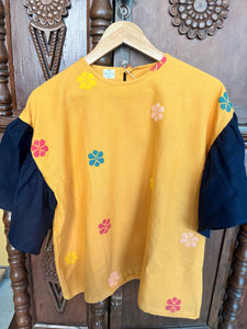 CORAZON: MUSTARD FLOWERS W/ DARK NAVY BLUE LINEN SLEEVES*