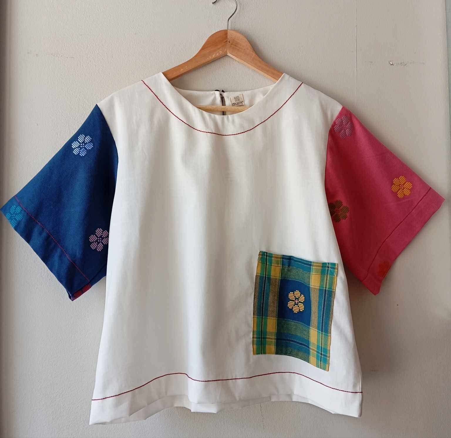 CLASSIC V2: WHITE LINEN W/ MOROCCAN BLUE FLOWERS & PINK FLOWERS SLEEVES / SELINA POCKET