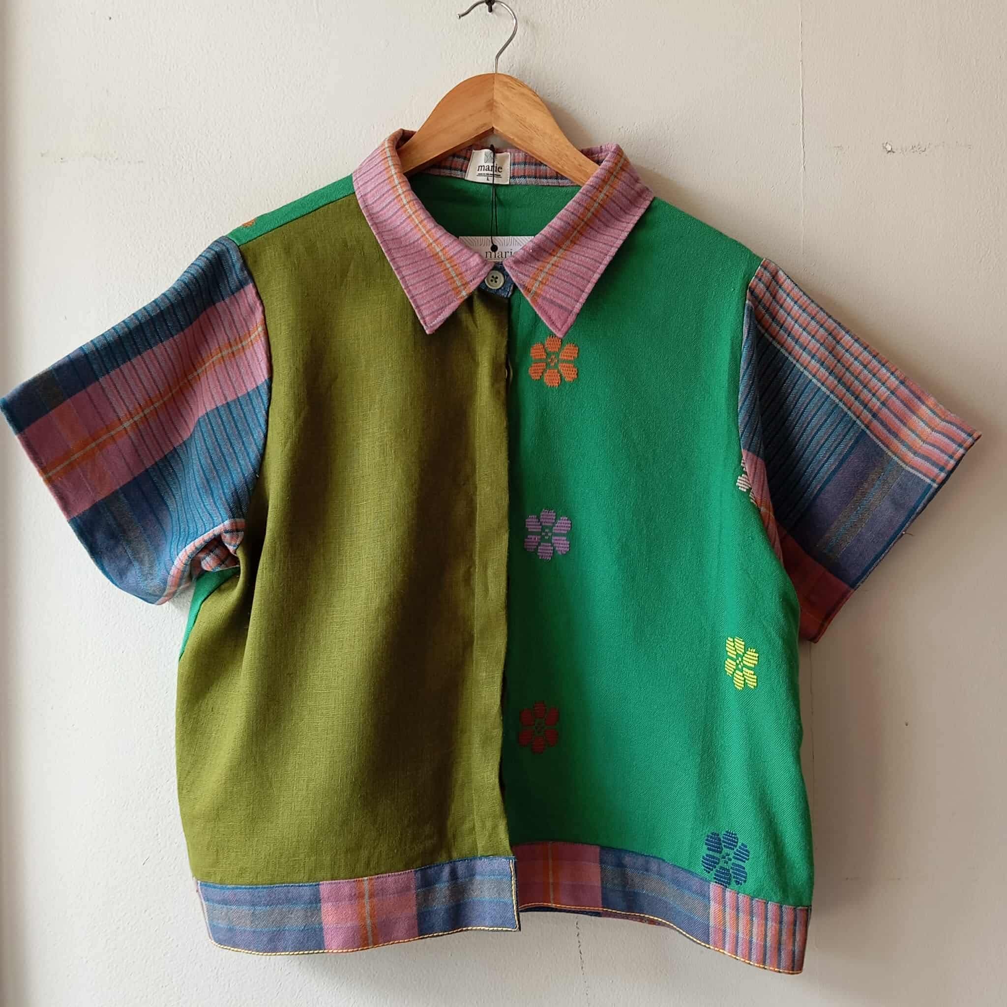 MARIKIT: MIX MOSS GREEN LINEN / GREEN FLOWERS W/ JILLIAN SLEEVES & COLLAR