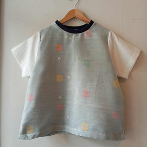 MATAHUM : PAMANA V2 IN PIÑA BARONG IN LIGHT DENIM BLUE FLOWERS  SHEER W/ WHITE LINEN SLEEVES / NAVY BLUE COLLAR