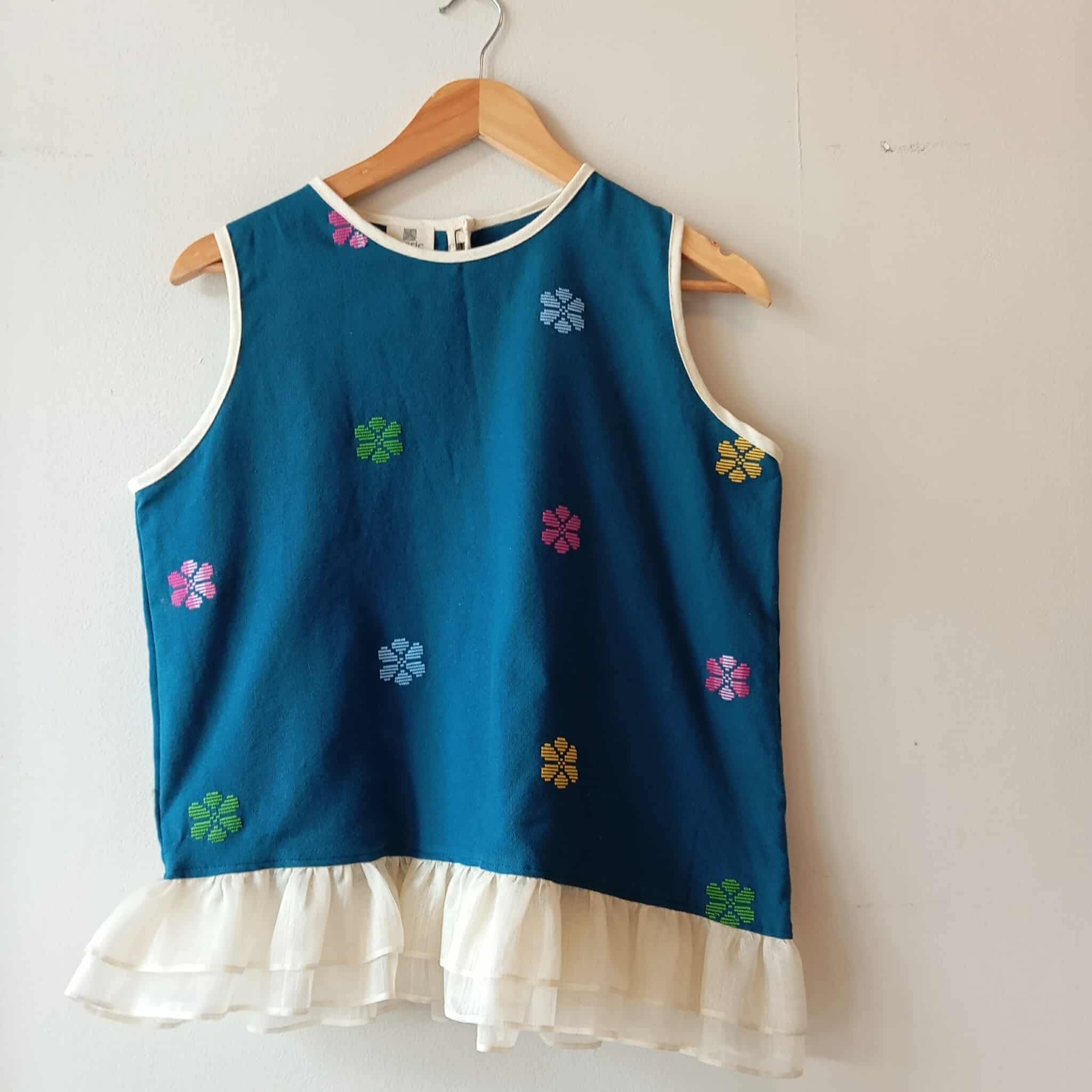 MAGANDA COLLECTION: OCEAN SIDE BLUE FLOWERS W/ NATURAL PIÑA RUFFLES