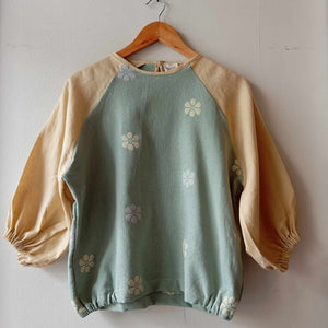 KATAWHAY: CELADON FLOWERS W/ BEIGE LINEN SLEEVES