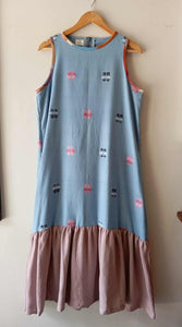 BESTIDA COLLECTION: WEDGEWOOD BLUE FLOWERS SLEEVELESS W/ WOODROSE LINEN SKIRT