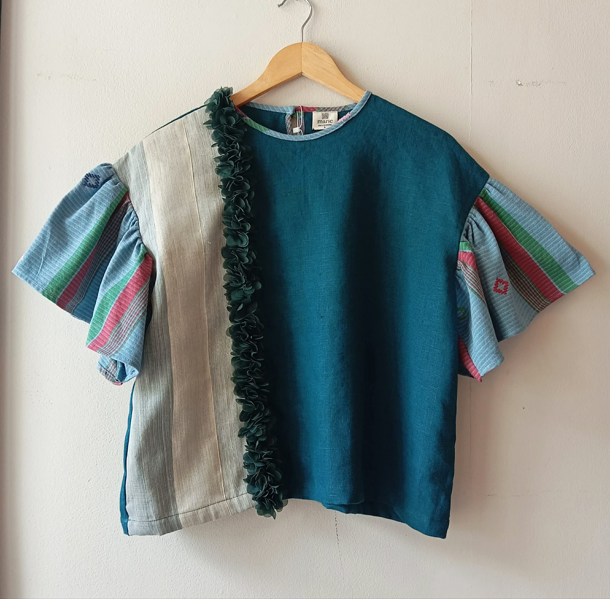 CORAZON: LYON’S BLUE LINEN W/ NATURAL PIÑA & GREEN FLOWERS ACCENT   INES SLEEVES