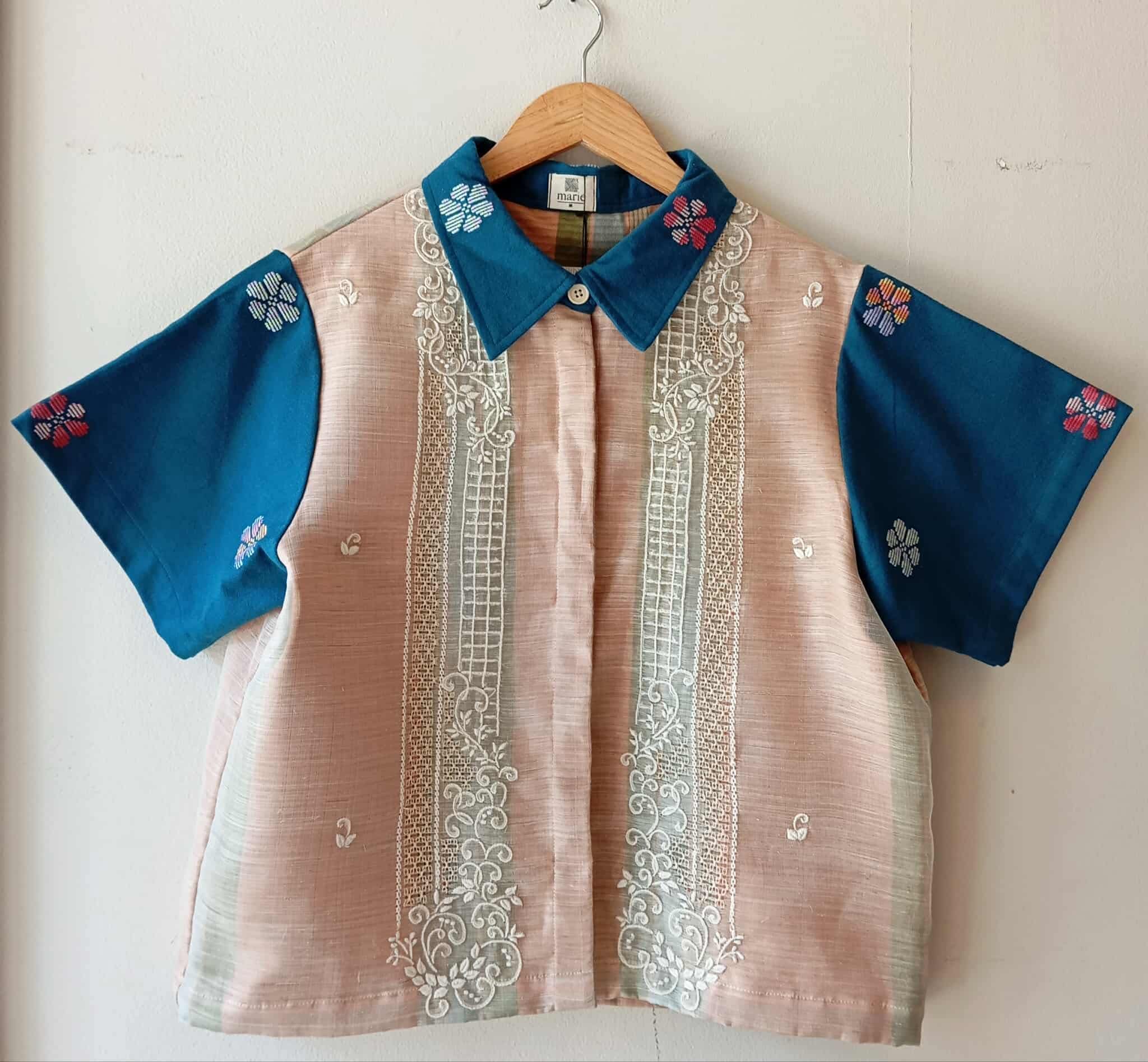 MATAHUM : MARIKIT IN PIÑA BARONG W/ VERONICA SHEER / OCEAN SIDE BLUE FLOWERS SLEEVES & COLLAR