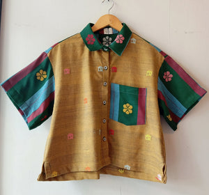 MAKULAY: MUSTARD BAHAY KUBO W/ LIA FLOWERS POCKET / SLEEVES & COLLAR