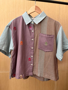 MAKULAY: Brown mini bahay kubo/rona w/ green linen sleeves & brown pocket