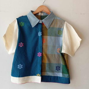 MARIKIT: MIX OCEAN SIDE BLUE FLOWERS / RISA W/ CREAM LINEN SLEEVES