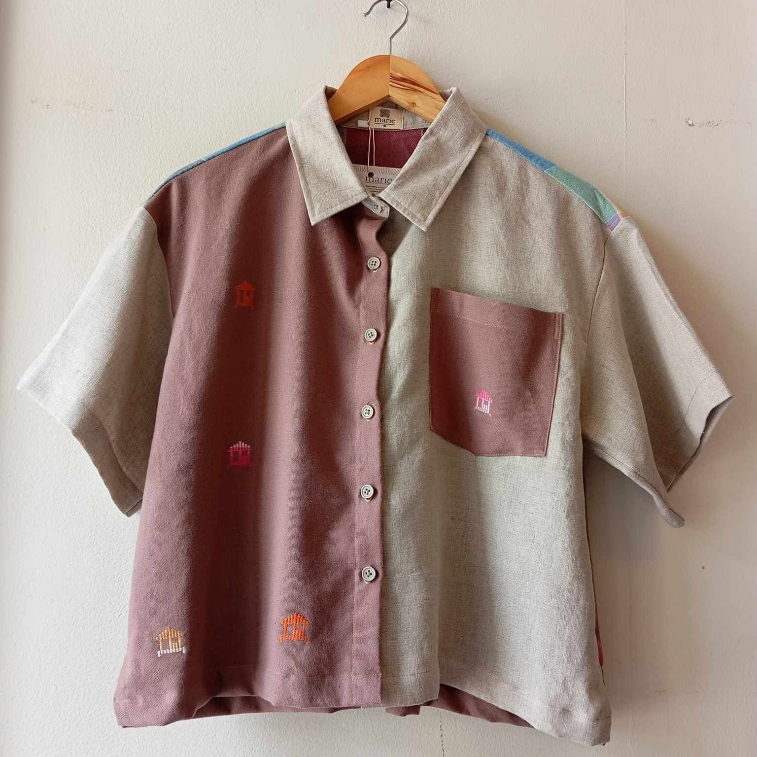 MAKULAY: MIX NEW BROWN BAHAY KUBO / LIGHT OAT LINEN W/ POCKET / LIGHT OAT LINEN SLEEVES & COLLAR*