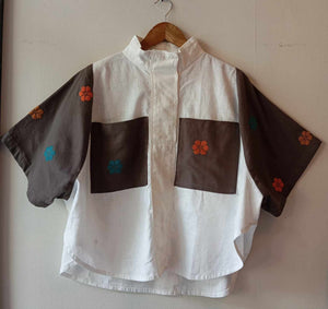 HILWAY COLLECTION: WHITE LINEN FULL W/ GREY FLOWERS SLEEVES & POCKET