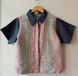 MATAHUM COLLECTION:  MARIKIT IN PIÑA BARONG W/ LETICIA SHEER / DENIM SLEEVES & COLLAR