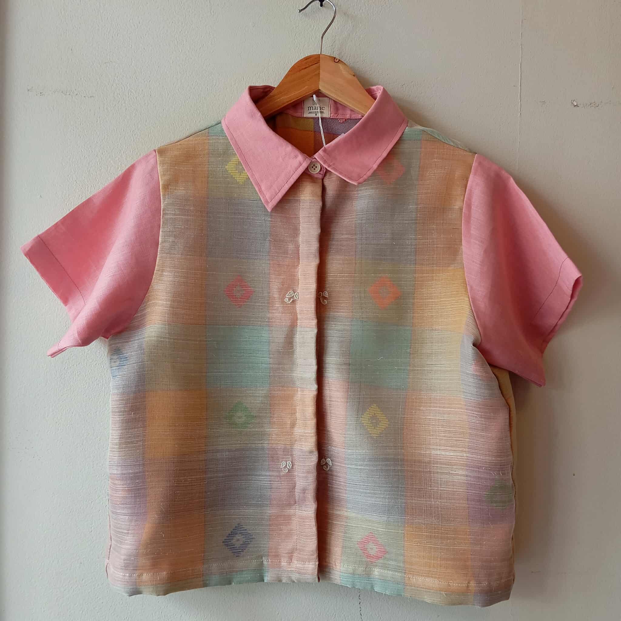 MATAHUM COLLECTION: MARIKIT IN PIÑA BARONG W/ CHARLENE DIAMANTE SHEER / PINK  LINEN SLEEVES