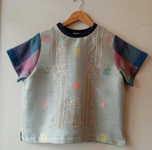 MATAHUM COLLECTION: PAMANA V2 IN PIÑA BARONG W/ SLATE BLUE FLOWERS SHEER / ROGELIA SLEEVES / NAVY BLUE COLLAR*
