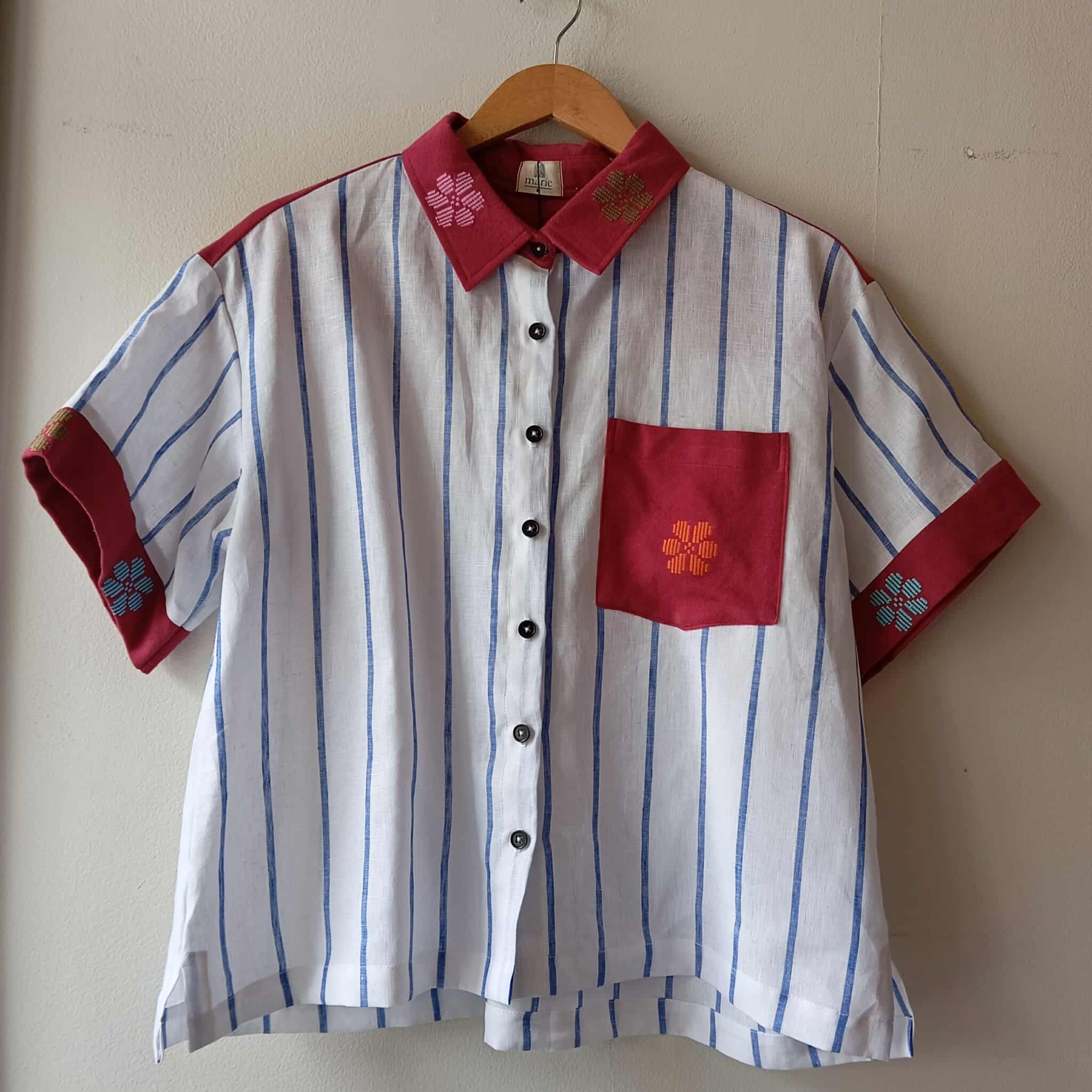 MAKULAY: STRIPE LINEN W/ RED BUD FLOWERS POCKET / COLLAR & BAND