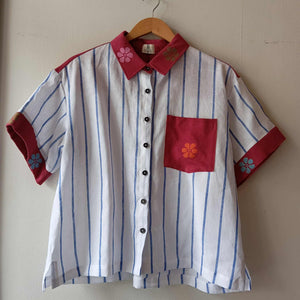 MAKULAY: STRIPE LINEN W/ RED BUD FLOWERS POCKET / COLLAR & BAND