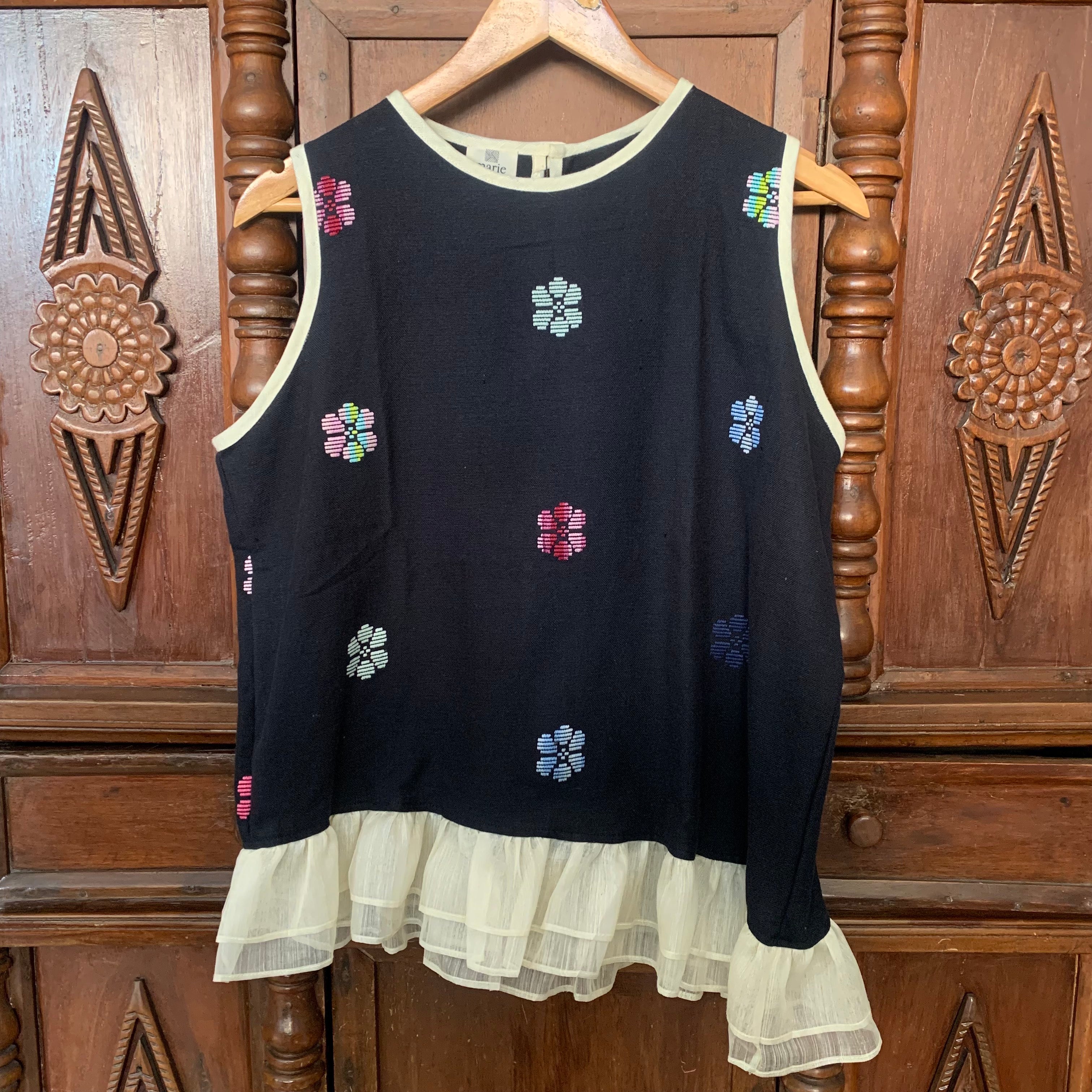 MAGANDA COLLECTION: BLACK FLOWERS W/ NATURAL PIÑA RUFFLES