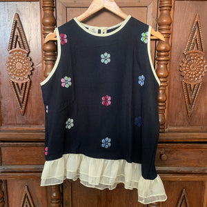 MAGANDA COLLECTION: BLACK FLOWERS W/ NATURAL PIÑA RUFFLES