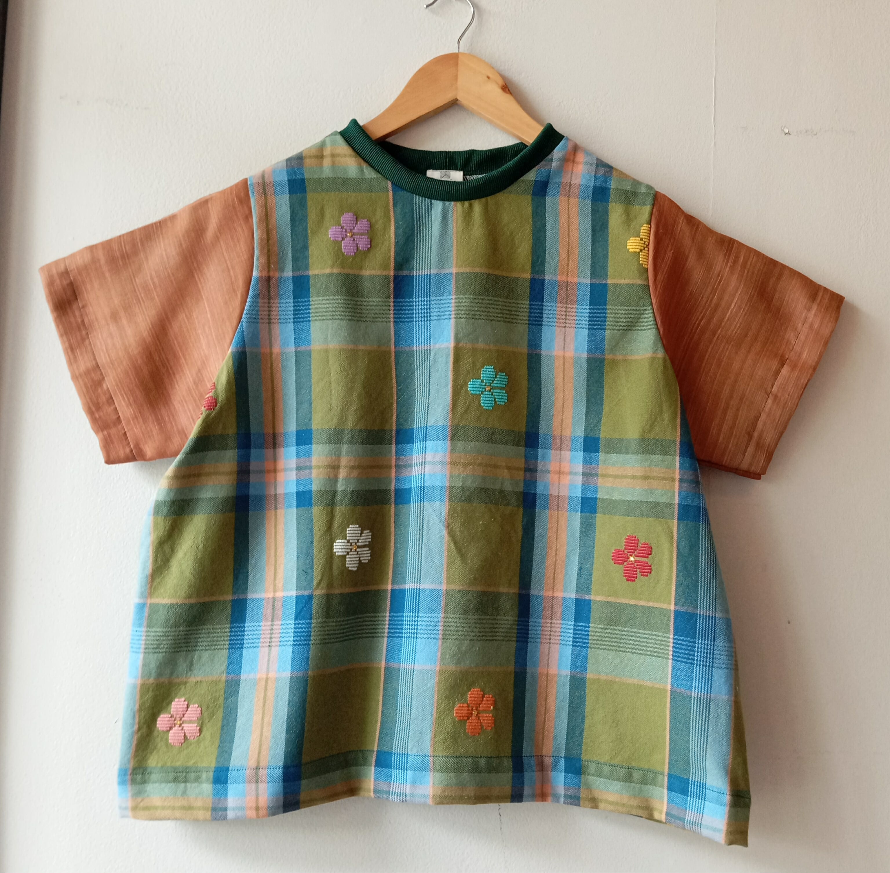 MATAHUM: PAMANA V2 IN FLORINDA W/ CRYSTALS / MAHOGANY PIÑA SLEEVES / BROWN POLY SHEER & GREEN COLLAR