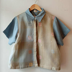 MATAHUM: MARIKIT IN PIÑA BARONG W/ MIX AMINA / NEW OLIVE FLOWERS SHEER / WINTER SKY LINEN SLEEVES & COLLAR