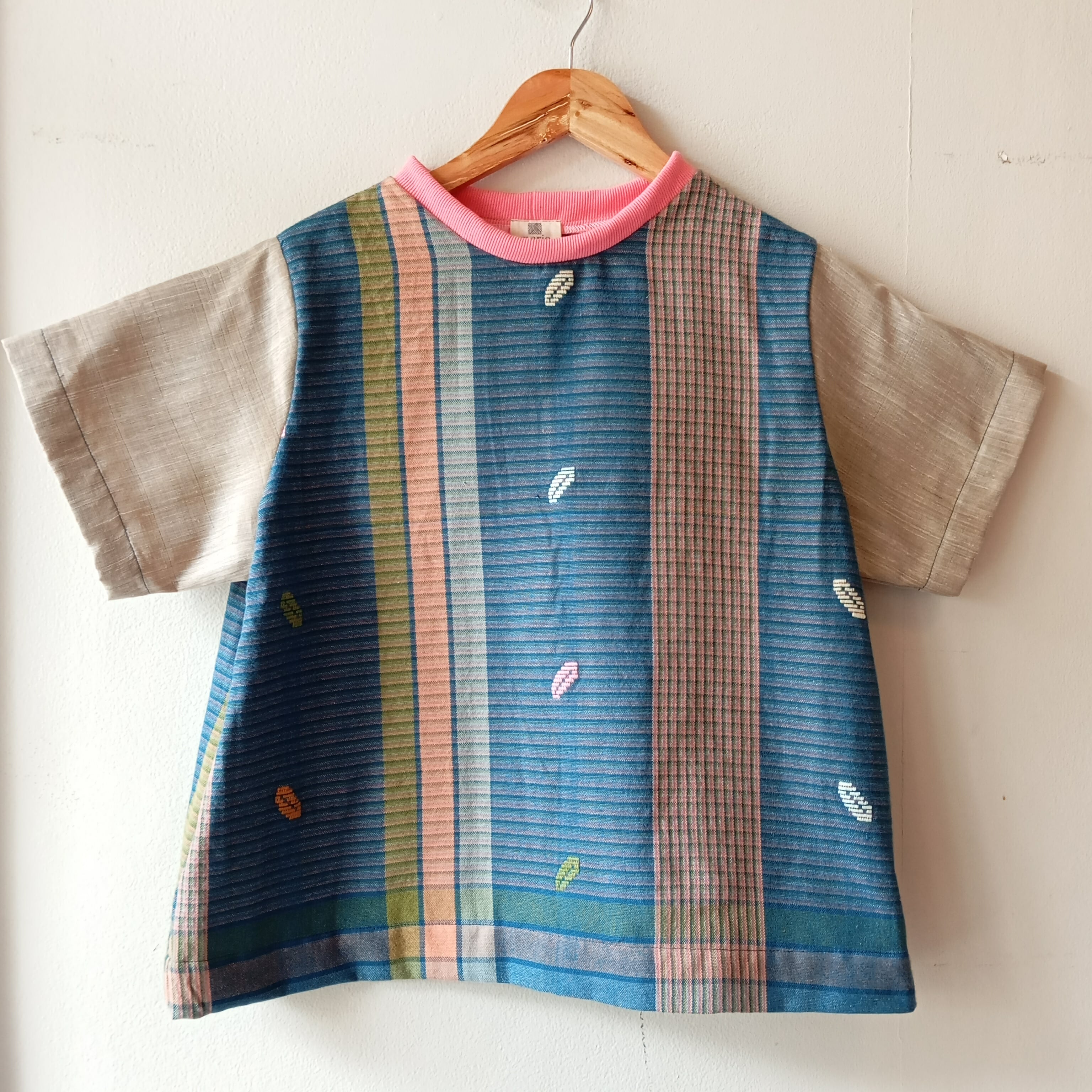 MATAHUM: PAMANA V2 IN JULIANA LEAVES  W/  NATURAL PIÑA SLEEVES /  BROWN POLY SHEER & NAVY BLUE COLLAR