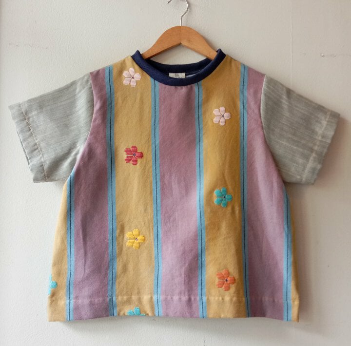 MATAHUM : PAMANA V2 IN ROBERTA W/ CRYSTALS / NATURAL PIÑA SLEEVES / GRAY POLY SHEER & NAVY BLUE COLLAR