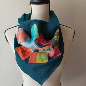 SCARF: LYONS  BLUE  LINEN W/ PATCHES*