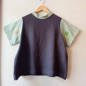 PAMANA V1: BLUE GRANITE LINEN W/ CELADON FLOWERS SLEEVES & COLLAR*