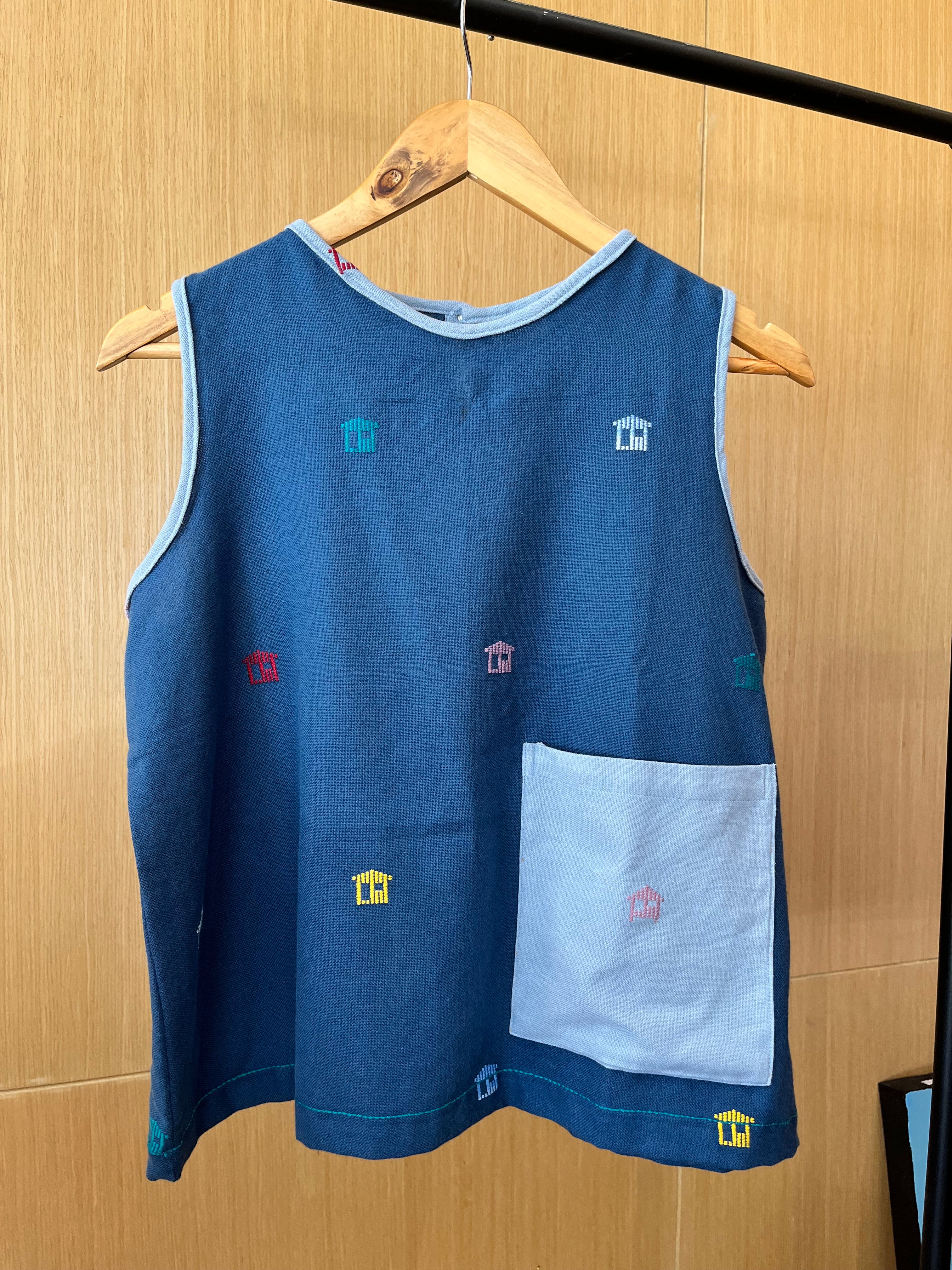 SLEEVELESS:  Moroccan blue mini BK w/ antique blue pocket