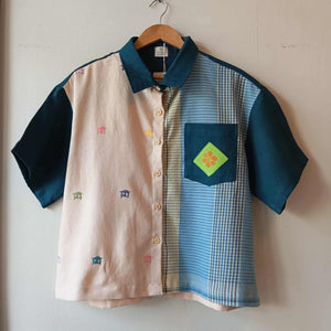 MAKULAY: – MIX REED YELLOW MINI BAHAY KUBO / JOANNA V1 W/ STORM BLUE LINEN POCKET / SLEEVES & COLLAR