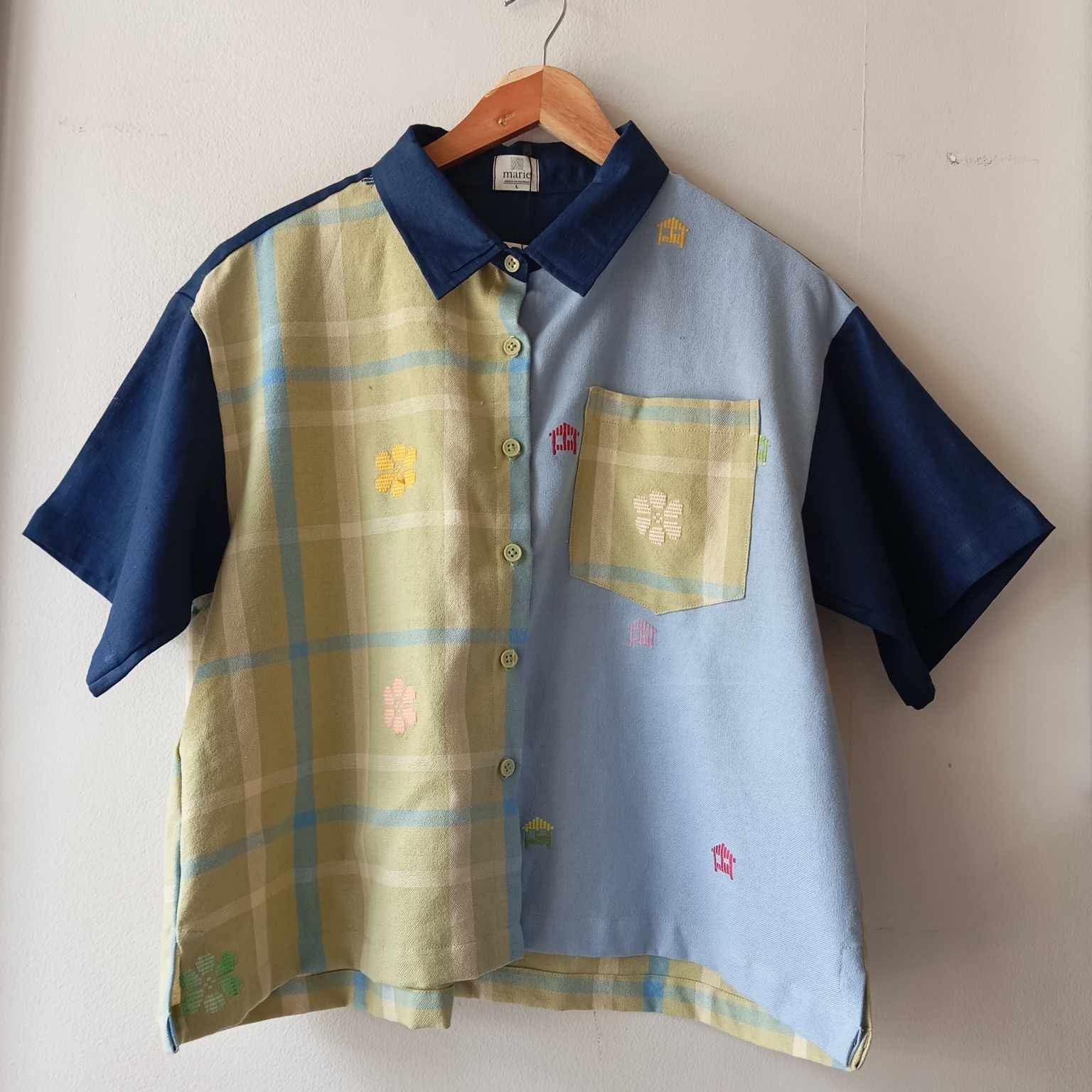 MAKULAY: MIX SERINA / ANTIQUE BLUE MINI BAHAY KUBO W/ POCKET / NAVY BLUE LINEN SLEEVES & COLLAR*