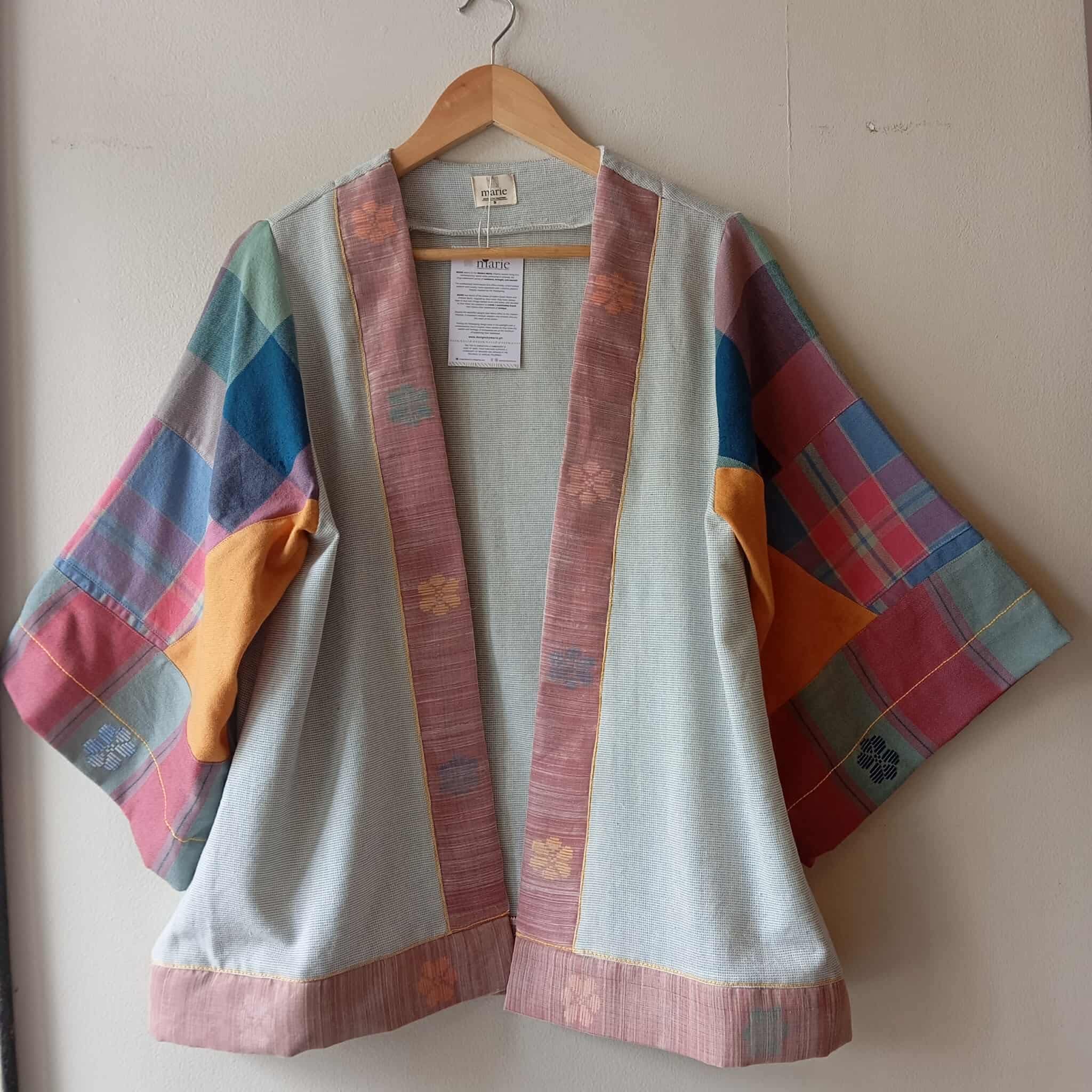 HAMILI COLLECTION: DUSTY BLUE W/ RETASO SLEEVES design 1 /  ( PIPING : PIÑA W/ RED BUD FLOWERS SHEER )