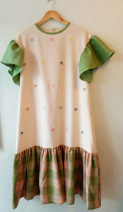 BESTIDA COLLECTION: REED YELLOW MINI BAHAY KUBO W/ HERBAL GREEN LINEN SLEEVES /  TURTLE GREEN & PHEASANT PLAID SKIRT