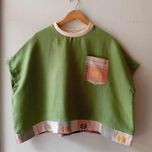KASIYAHAN: HERBAL GREEN LINEN FULL W/ AMANDA POCKET & BAND / CREAM COLLAR