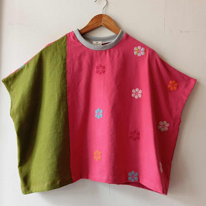 KASIYAHAN: CUT-OUT OF MOSS GREEN LINEN / RED FLOWERS W/ GRAY COLLAR