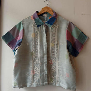 MATAHUM COLLECTION: MARIKIT IN PIÑA BARONG W/ DENIM BLUE FLOWERS  SHEER / ROGELIA  SLEEVES & COLLAR*