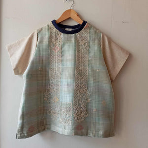 MATAHUM COLLECTION: PAMANA V2  IN PIÑA BARONG W/ TESSA DIAMANTE SHEER / BEIGE LINEN SLEEVES / NAVY BLUE COLLAR