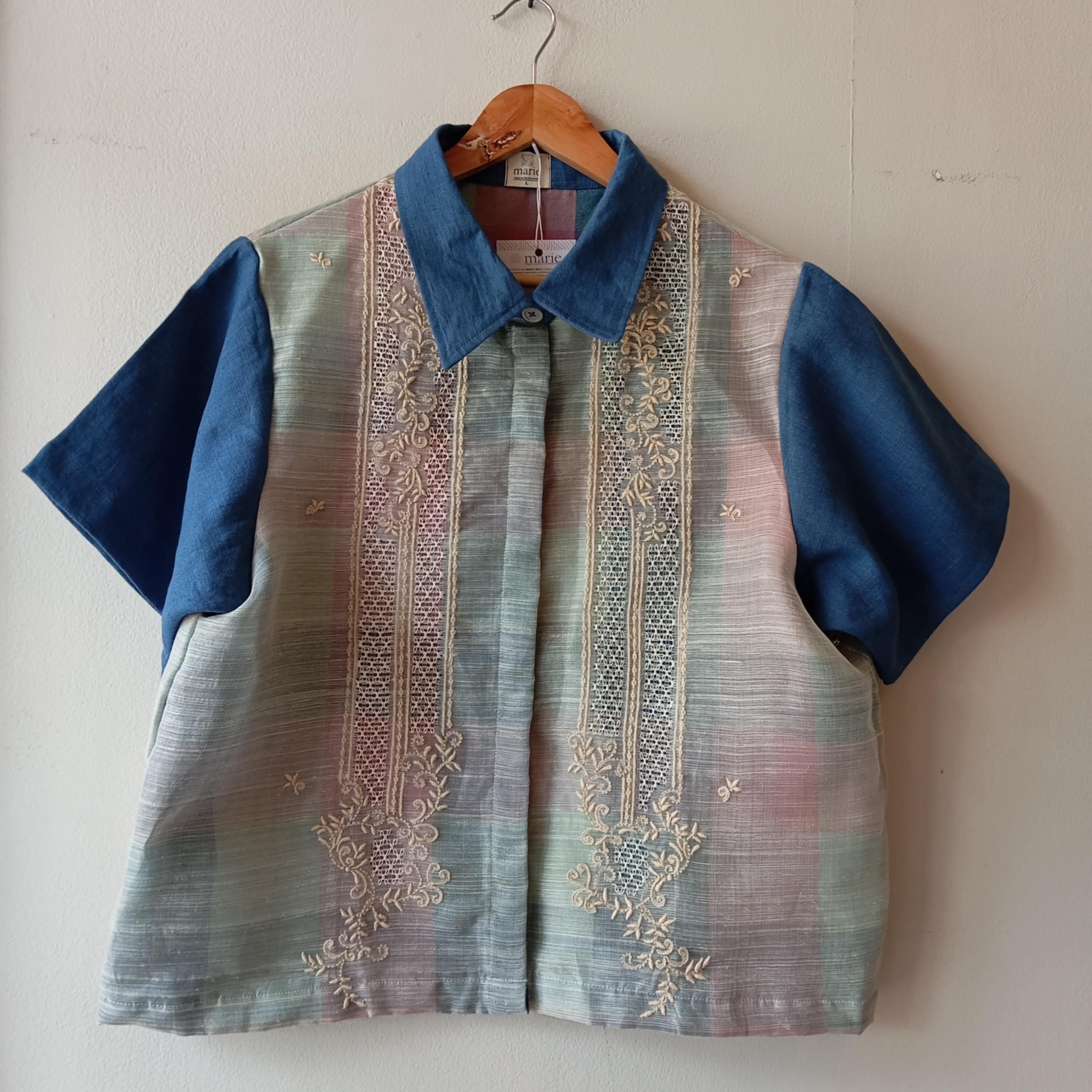MATAHUM : MARIKIT IN PIÑA BARONG W/ ROGELIA SHEER / CORNFLOWER BLUE LINEN SLEEVES & COLLAR