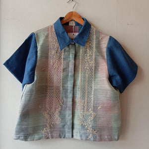 MATAHUM : MARIKIT IN PIÑA BARONG W/ ROGELIA SHEER / CORNFLOWER BLUE LINEN SLEEVES & COLLAR