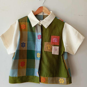 MARIKIT: MIX RISA / MOSS GREEN LINEN W/ PATCHES / CREAM LINEN SLEEVES & COLLAR