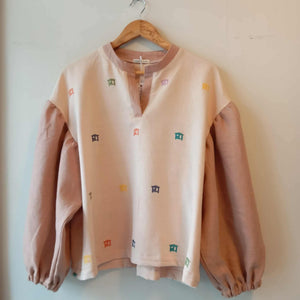 MADAYAW: REED YELLOW MINI BAHAY KUBO W/ MISTY ROSE LINEN SLEEVES & COLLAR*