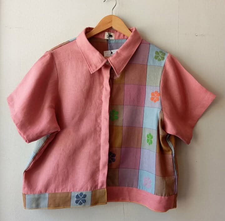 MARIKIT: MIX CORAL ALMOND LINEN / CASSANDRA W/ CORAL ALMOND LINEN SLEEVES & COLLAR