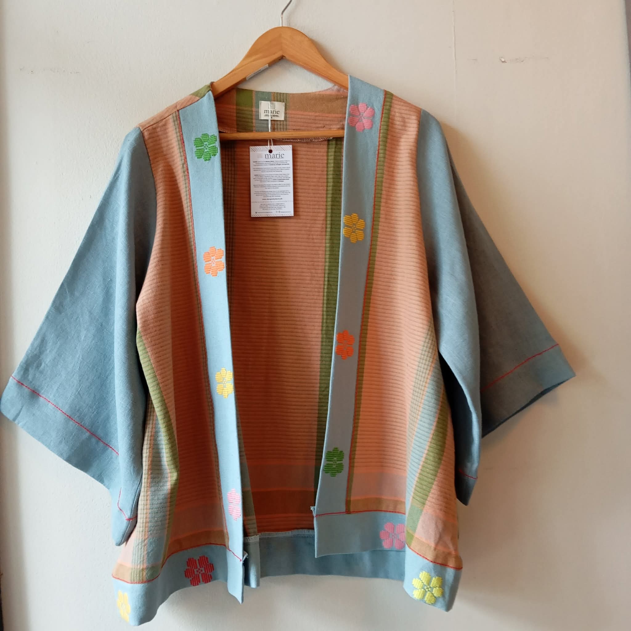 HAMILI COLLECTION: VERONICA W/ WINTER SKY LINEN SLEEVES / LIGHT DENIM BLUE FLOWERS PIPING