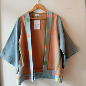 HAMILI COLLECTION: VERONICA W/ WINTER SKY LINEN SLEEVES / LIGHT DENIM BLUE FLOWERS PIPING