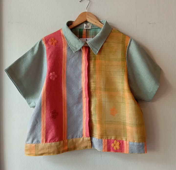 MATAHUM: MARIKIT IN MIX CELESTINA / ORANGE PIÑA W/ DIANA SHEER / FROSTY GREEN LINEN SLEEVES & COLLAR