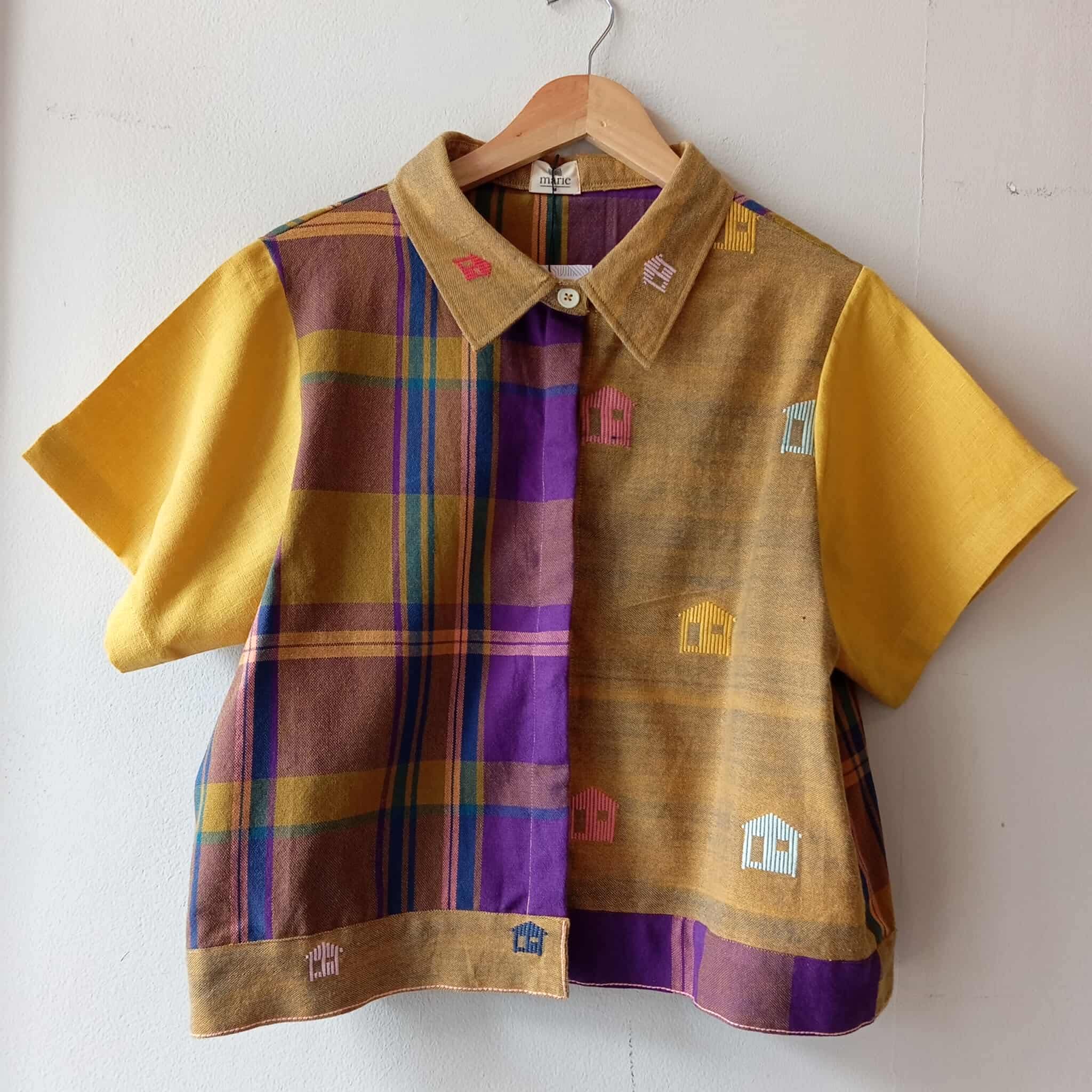 MARIKIT:  MIX LILY / MUSTARD BAHAY KUBO W/ MIMOSA YELLOW LINEN SLEEVES & COLLAR