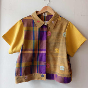 MARIKIT:  MIX LILY / MUSTARD BAHAY KUBO W/ MIMOSA YELLOW LINEN SLEEVES & COLLAR