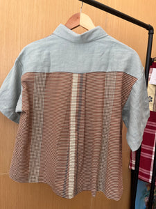 MAKULAY: Brown mini bahay kubo/rona w/ green linen sleeves & brown pocket