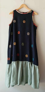 BESTIDA COLLECTION:  BLACK FLOWERS  SLEEVELESS FULL W/ FROSTY GREEN LINEN skirt