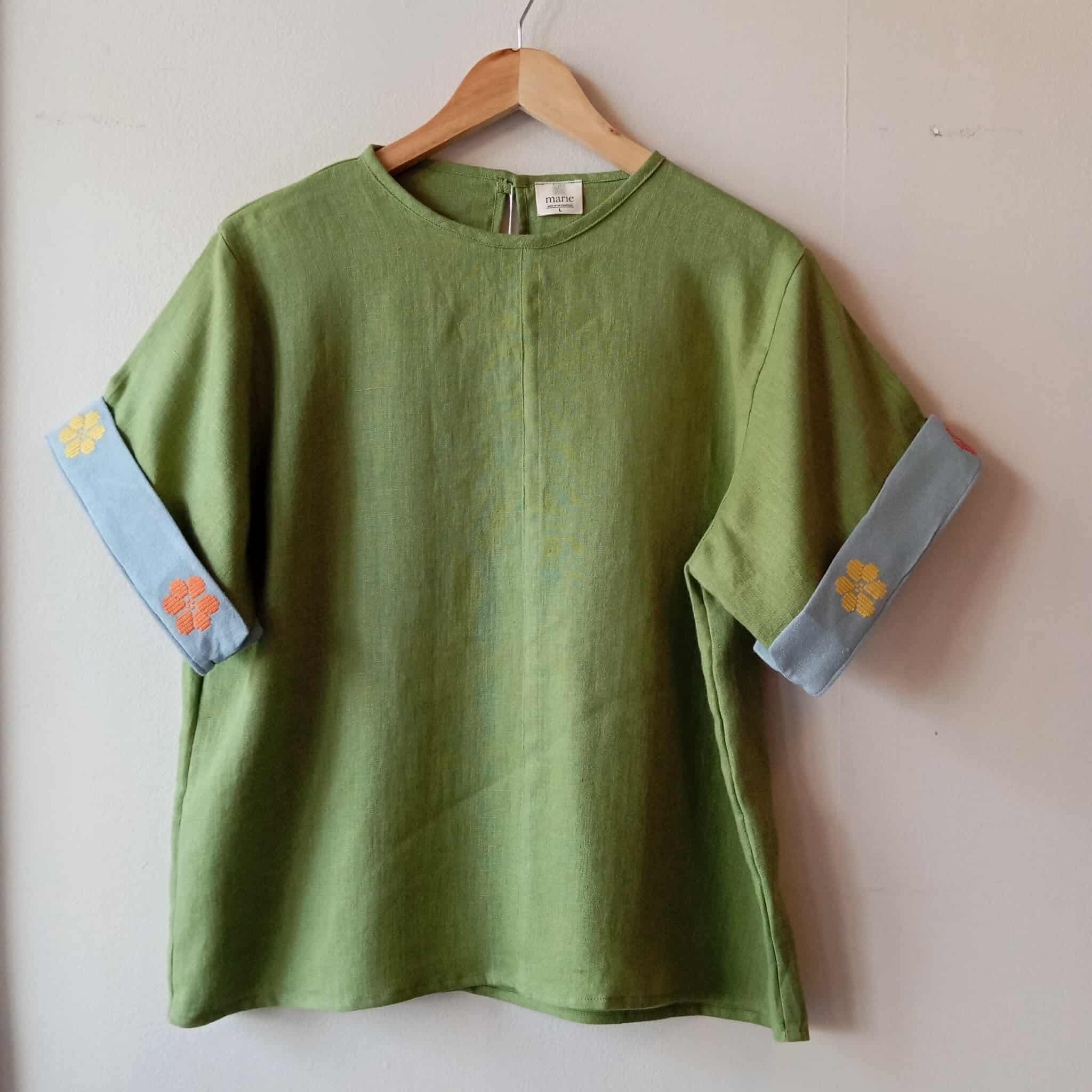 MASIGLA: HERBAL GREEN LINEN FULL W/ DENIM BLUE  FLOWERS BAND *